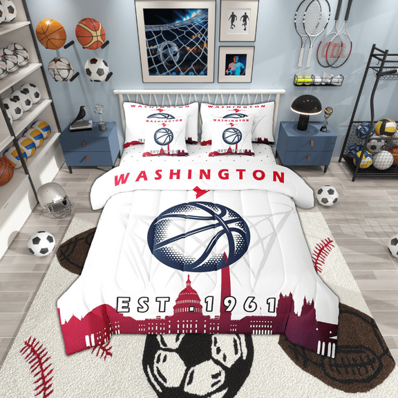7 Pcs Comforter Set Queen Size,Basketball Team Bed in a Bag with Flat Sheet and Fitted Sheet and Adults,Sports Bedding Set with Pillowcase and Sham,Washington