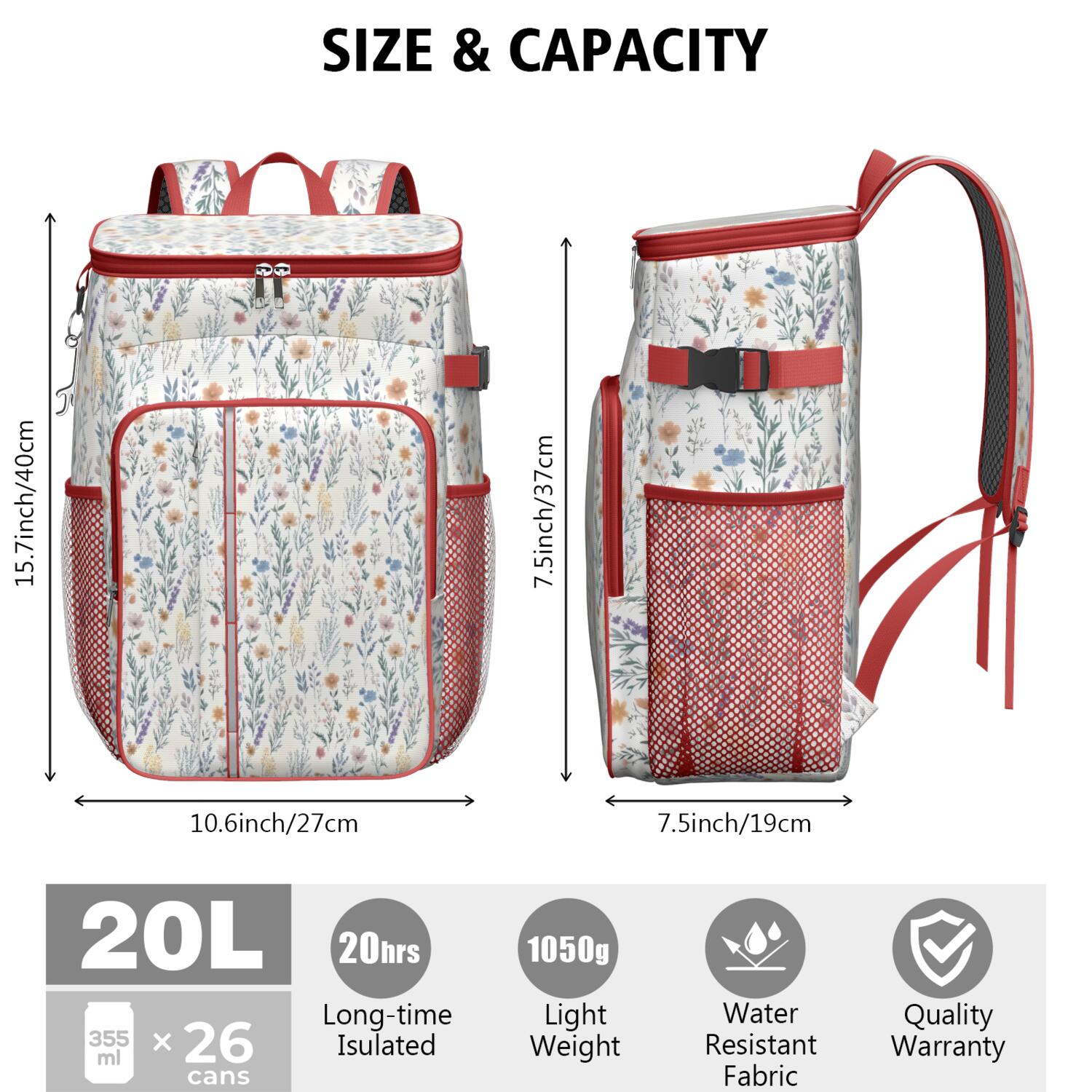 Travel Cooler Bag - Pioneer Flower Floral Print Pattern Camping Beer Cooler Backpack with Bottle Opener- Waterproof Insulated Picnic Backpacks - Cooler Bag for Beach