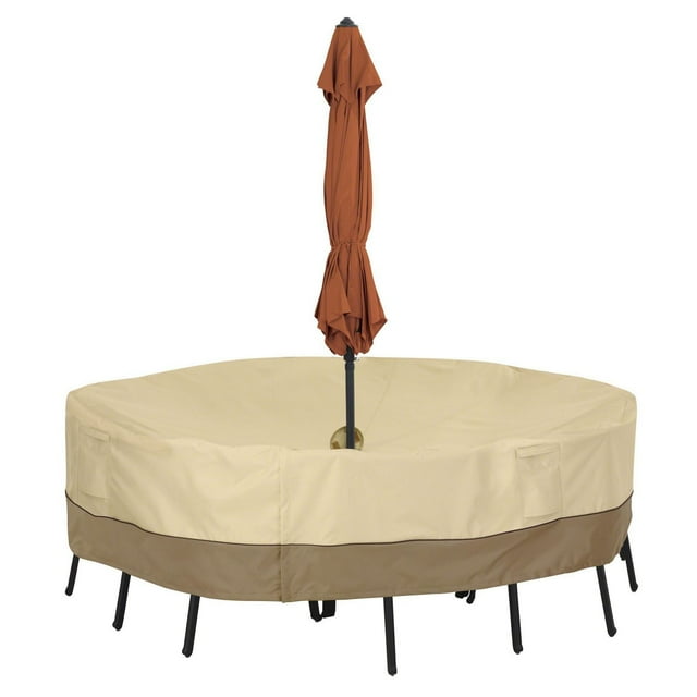 Classic Accessories Veranda™ Round Patio Table & Chair Set Cover with Umbrella Hole - Water Resistant Patio Set Cover, Medium