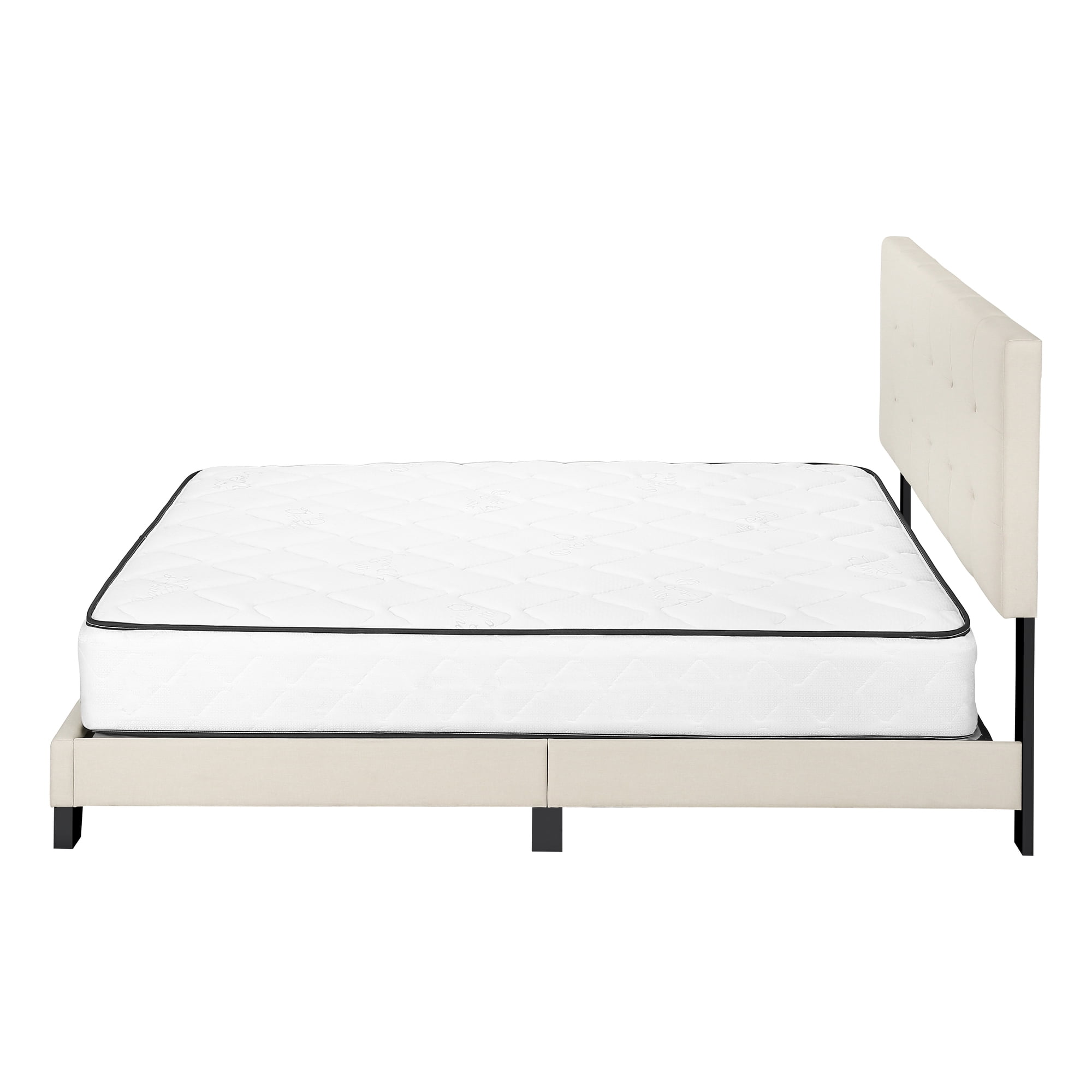 Bed Queen Size Platform Bedroom Frame Upholstered Linen Look Beige Black
