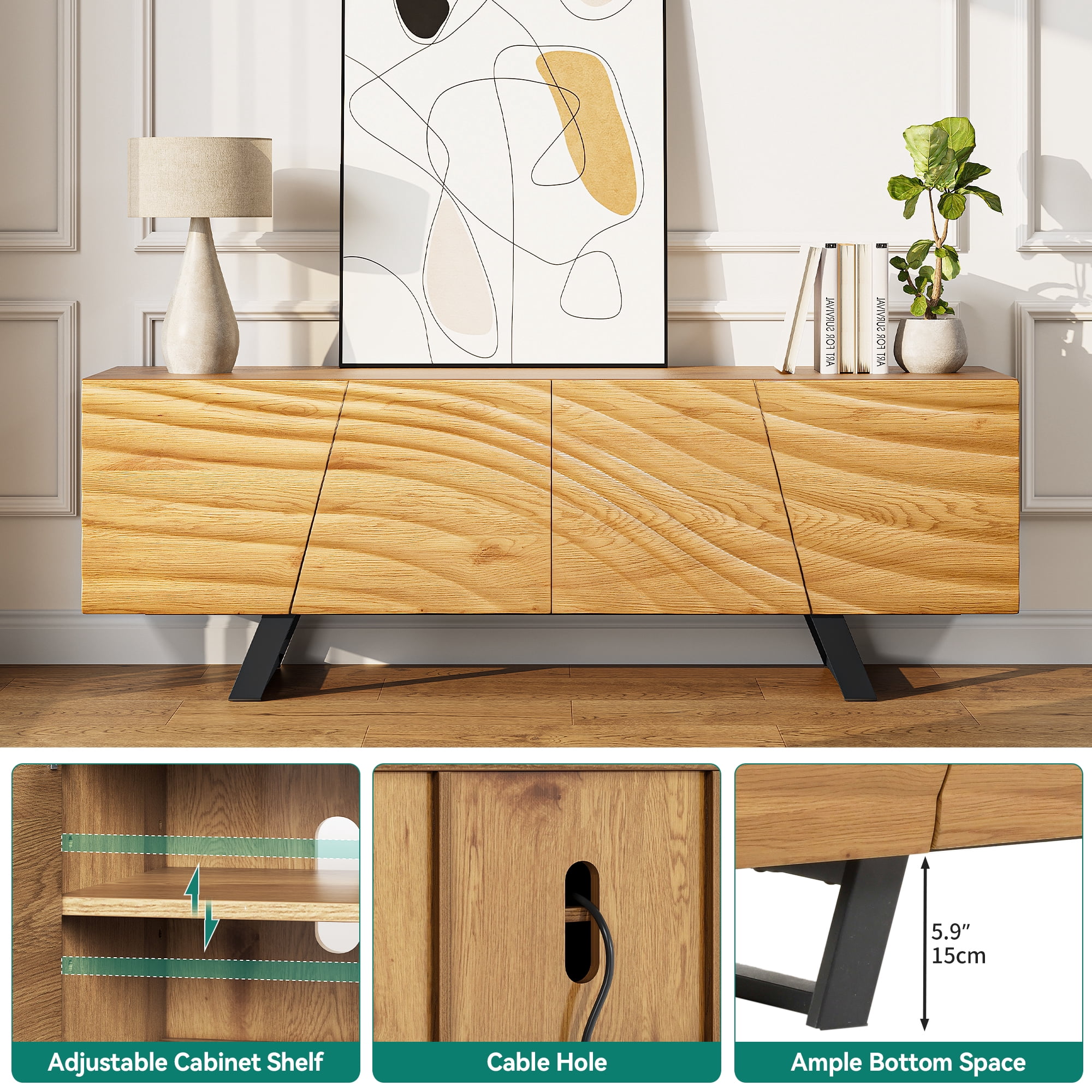 Dextrus 63” Modern TV Stand for TVs up to 65'' Flat Screen 21.6''H Wood TV Console Media Cabinet with Storage, Oak