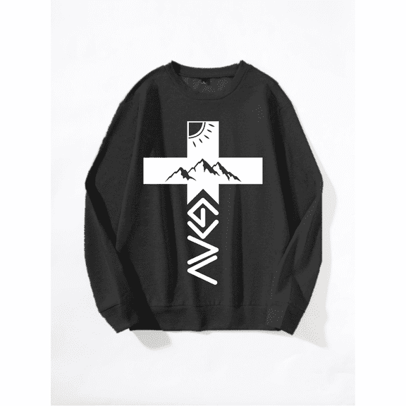 Whichone Men's Long Sleeve Crewneck Sweatshirt Faith Mountain Cross Print - 3 Colors (S-XXL)