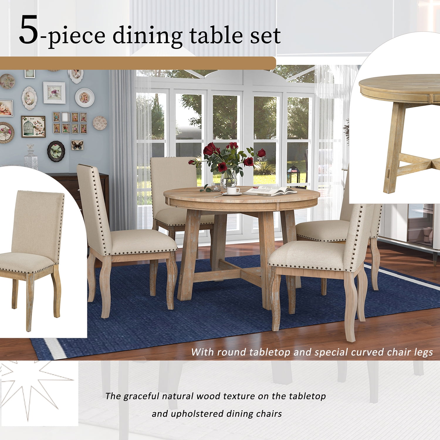 Harper & Bright Designs Round Extendable Dining Table Set for 4, 5 Piece Farmhouse Wood Dining Table Set with 4 Upholstered Dining Chairs, Natural Wood Wash