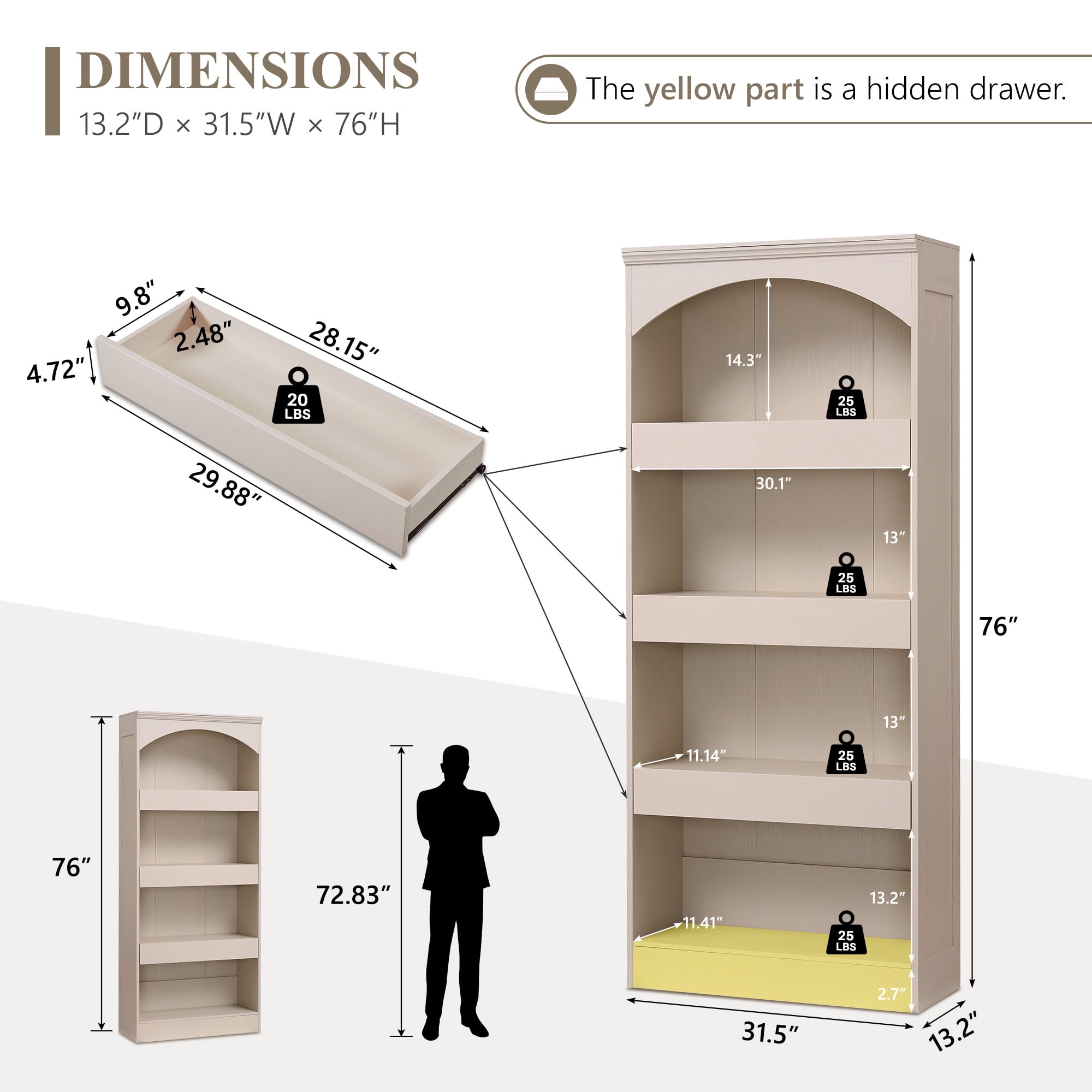 SinCiDo 76" Tall Arched Bookcase, 4-Tier Large Bookshelf w/1PC Magnetic Lock Drawer, Wooden Book Shelf w/3 Pull-Out Drawers, for Living Room, Office