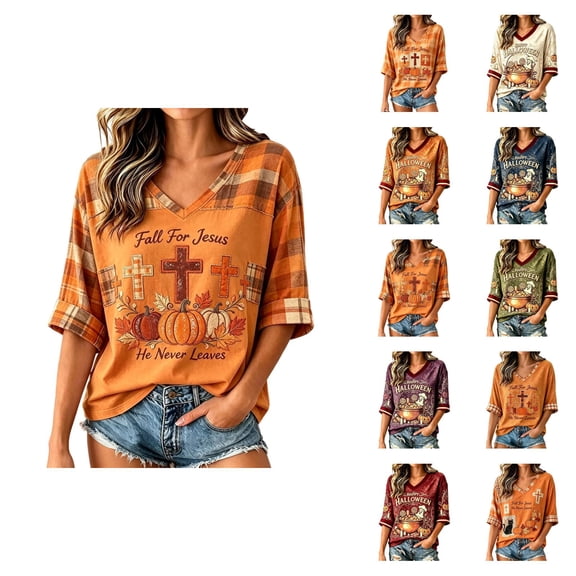 Women's "Fall For Jesus" Halloween V Neck 3/4 Sleeve T Shirt Faith-Inspired Casual Top