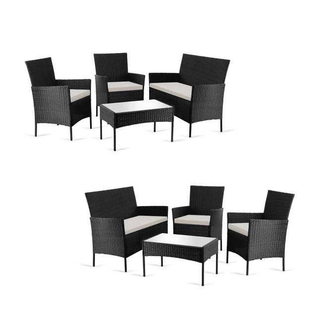 Combo 2 Salas Exterior Ratán Tipo Mimbre con Cojines negro
