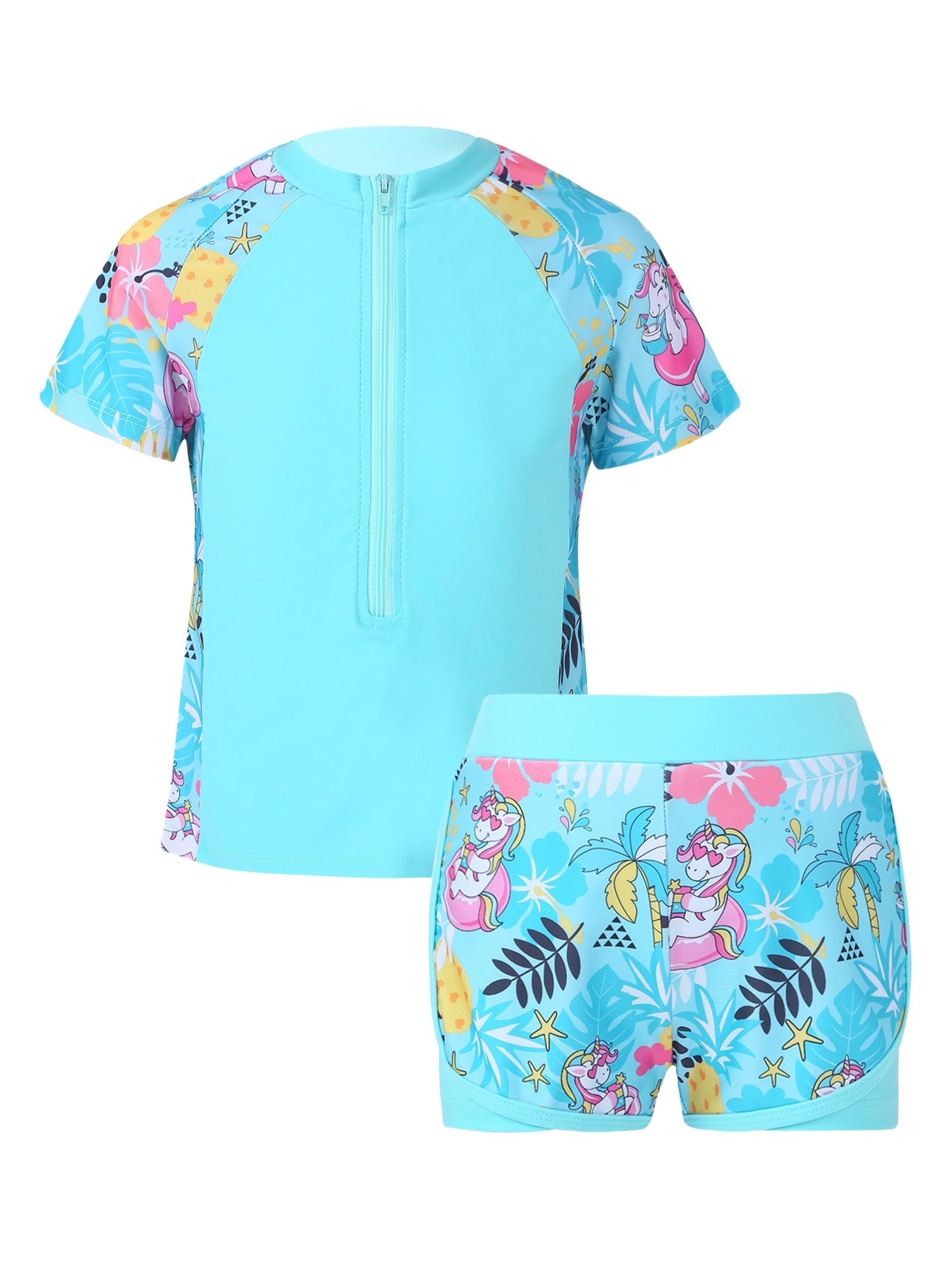 DPOIS Girls Short Sleeve Swimsuits Rashguard Sets Bathing Suits Blue ...