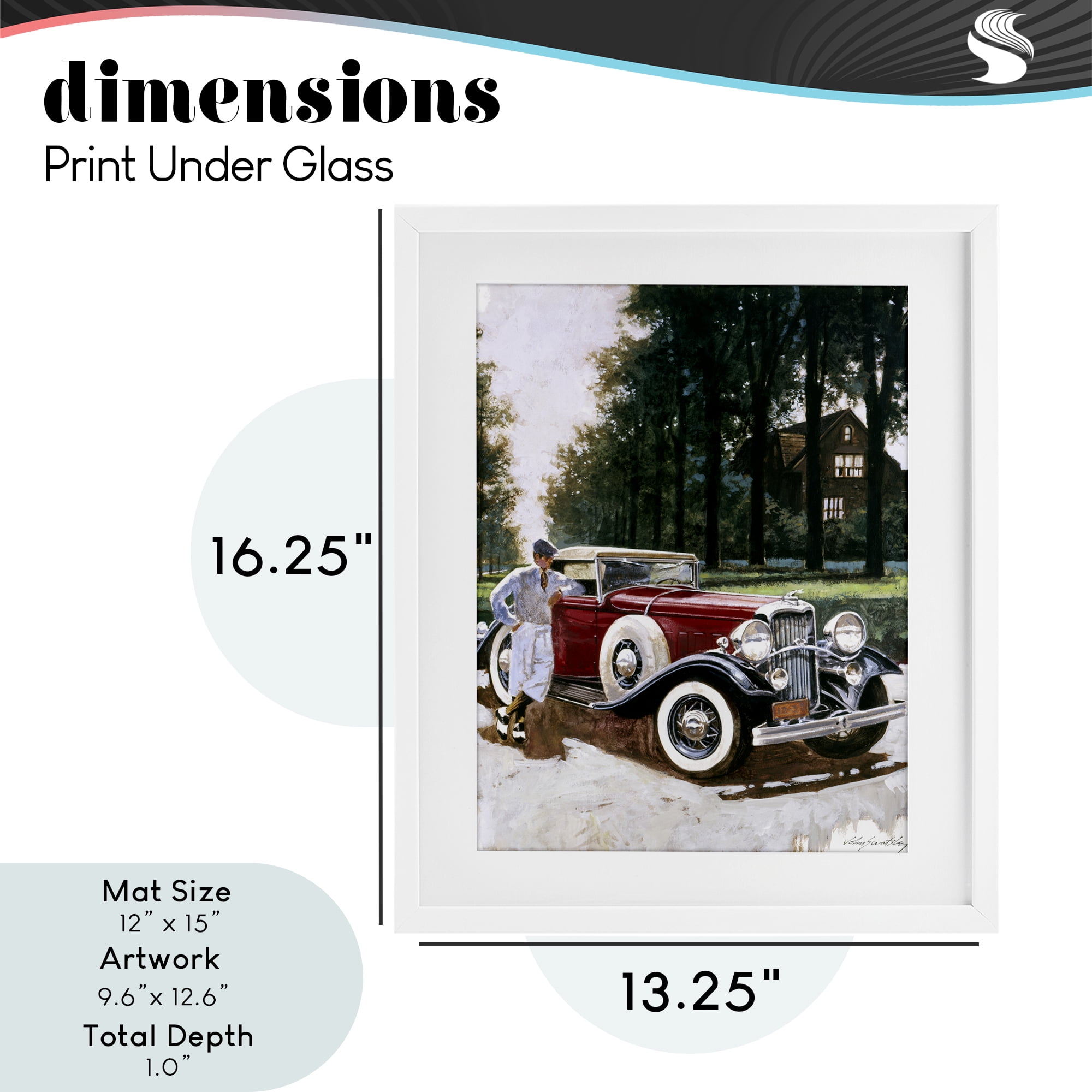 Retro Convertible Coupe & Driver White Framed Print Under Glass, design by Wind River Studios