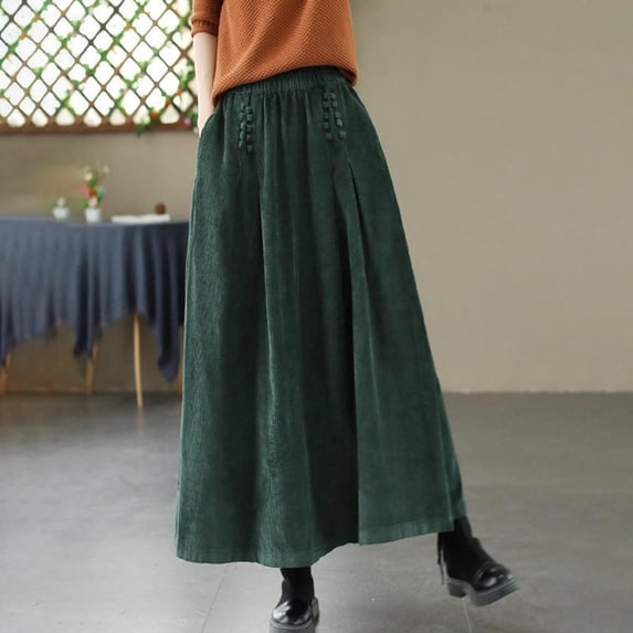 Wdgfv Women's Corduroy Maxi Skirt Elastic High Waist Drawstring Tie Front A-Line Pleated Long Skirt with Pockets