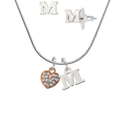 Small Rose Gold Tone Heart with Clear AB Crystals – M Initial Charm Necklace and Stud Earrings Jewelry Set