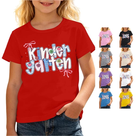 JAJAHO Kids Girls First Day Of Kindergarten Shirt Back to School Tees Tops Short Sleeve Crew Neck T Shirts