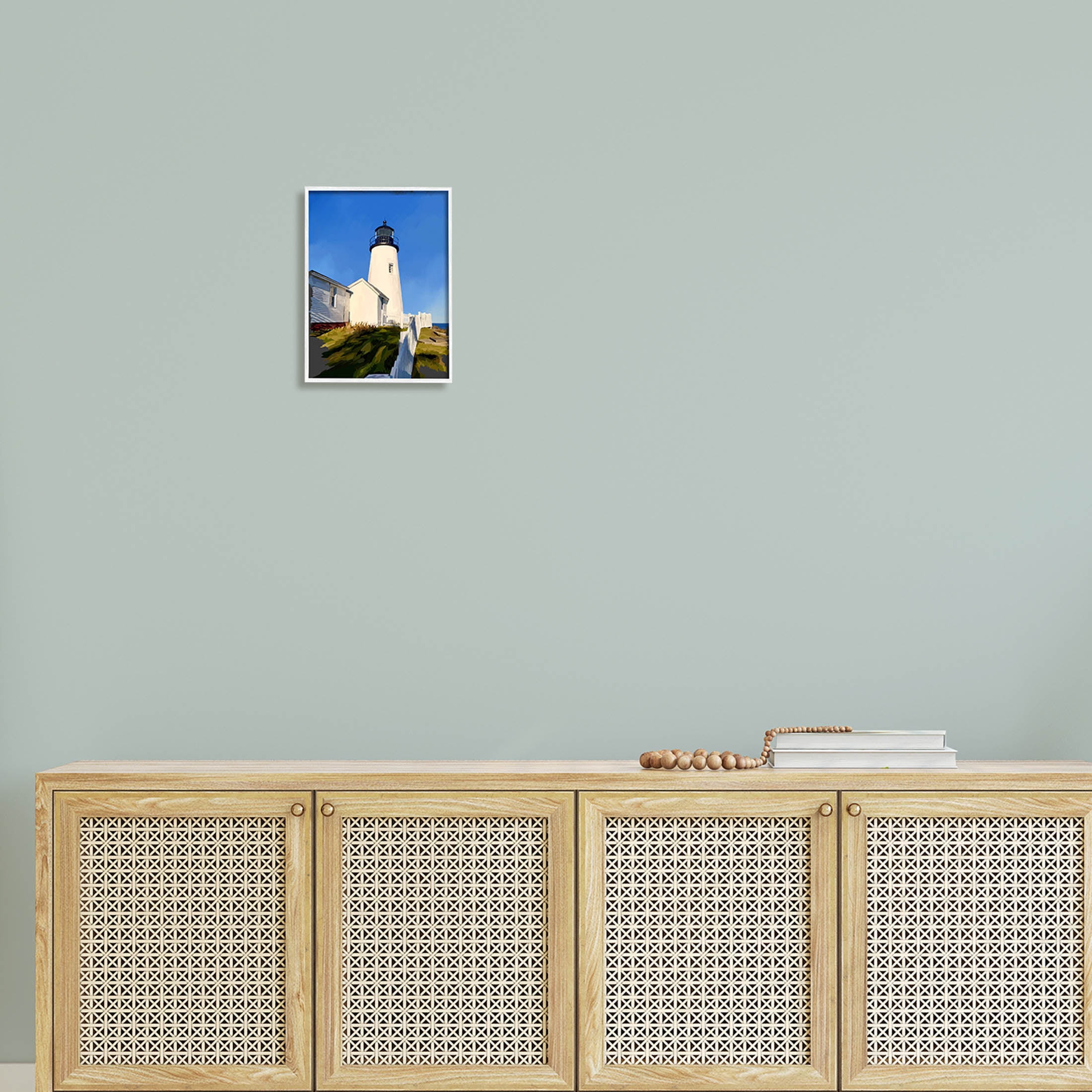 Lighthouse Ocean Beach View Coastal Graphic Art White Framed Art Print Wall Art