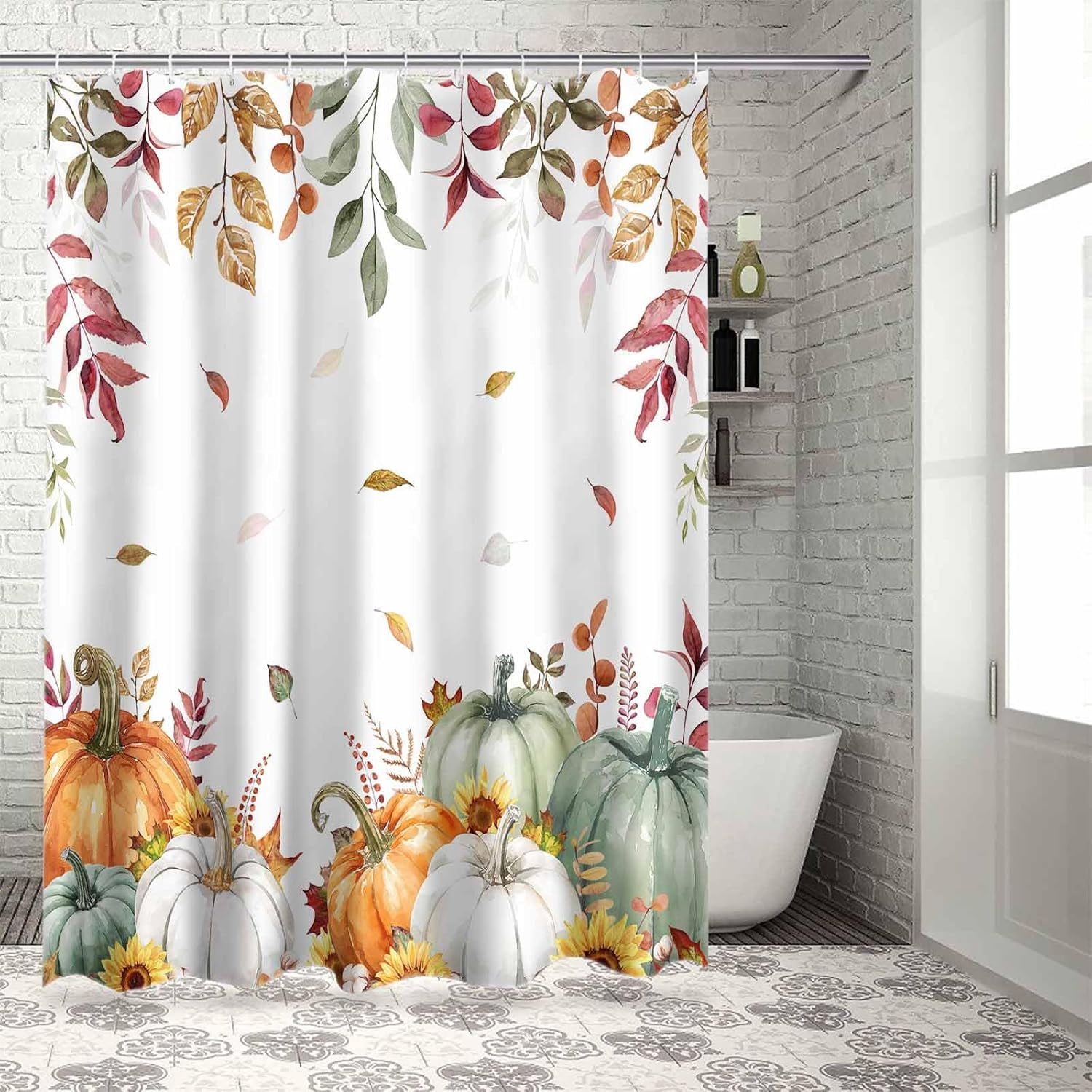 Fall Shower Curtain Sage Green Pumpkin Shower Curtains for Bathroom Sunflower Floral Eucalyptus Leaves Bath Curtains Sets with Hooks for Autumn Thanksgiving Seasonal Decor Extra Long 72" X 84"