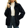 thumbnail image 2 of Women's Jacquard Check Plush Jacket, Stand Collar Full Zip Front, Loose Fit Fleece Coat, Long Sleeve Casual Outerwear, Soft Textured Winter Style Black L, 2 of 7