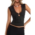 thumbnail image 2 of Women'S Deep V Neck Lace Tank Top Summer Sleeveless Low Cut Shirt Tie Front Cropped Shirt Black M, 2 of 9