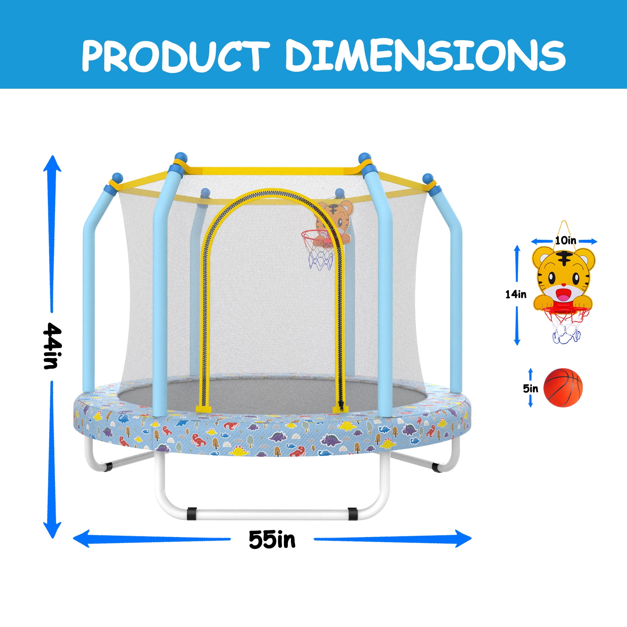 55 Inch Printed Blue Kids Trampoline with Basketball Hoop, Indoor Outdoor Toddler Trampoline