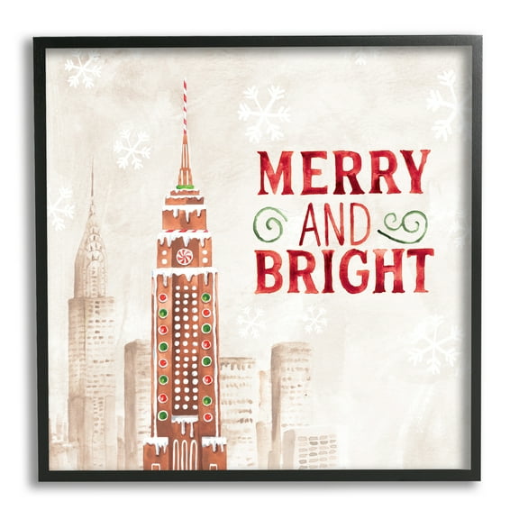 Stupell Industries Merry and Bright Christmas Phrase Gingerbread Architecture Cityscape Holiday Painting Black Framed Art Print Wall Art, 12 x 12