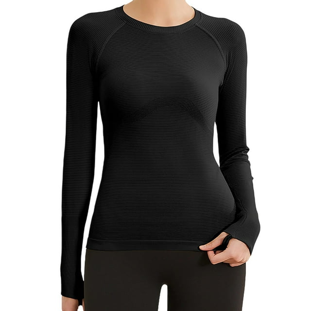 fheaev Chandails à Manches Longues pour Femmes Col Rond Chandail du Bas Ajusté Décontracté Extensible Ajusté sous-Blouses Entraînement Haut de Sport Pilates Vêtements de Mise en Forme Couche de Base Hauts