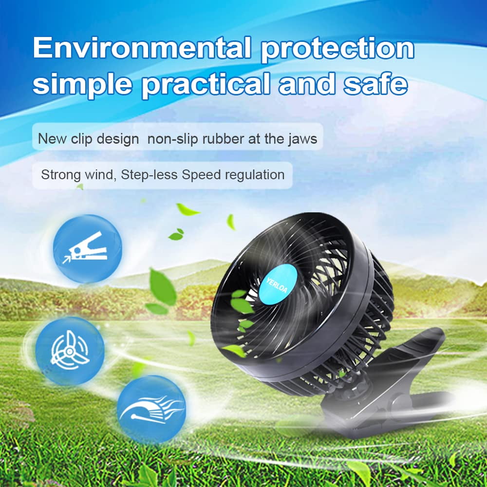 Yerloa 6‘’ 12V Car Fan Auto Cooling Fan Vehicle Clip Fans, Low Noise 360 Degree Rotating Step-less Speed Car Fans with Adjustable Clip & Cigarette Lighter Plug for Vehicle Truck RV SUV Boat-2026 NEW