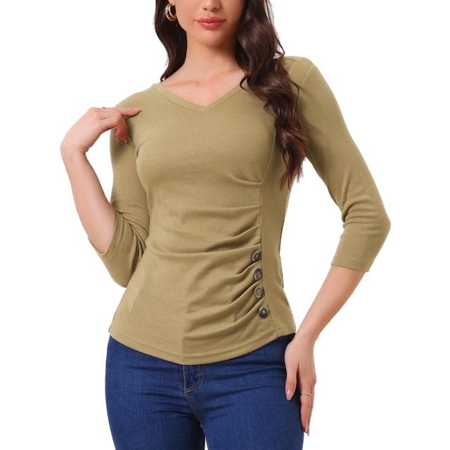 BLUSA RUCHADA PARA MUJERES CHIC CON BOTONES DECORATIVOS, CUELLO EN V, MANGA 3/4, TOP DE PUNTO SÓLIDO, TAMAÑO XS, COLOR BEIGE