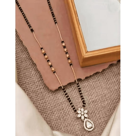 Elegant Dual-Strand Mangalsutra with Teardrop Floral CZ Pendant – Gold-Plated Finish