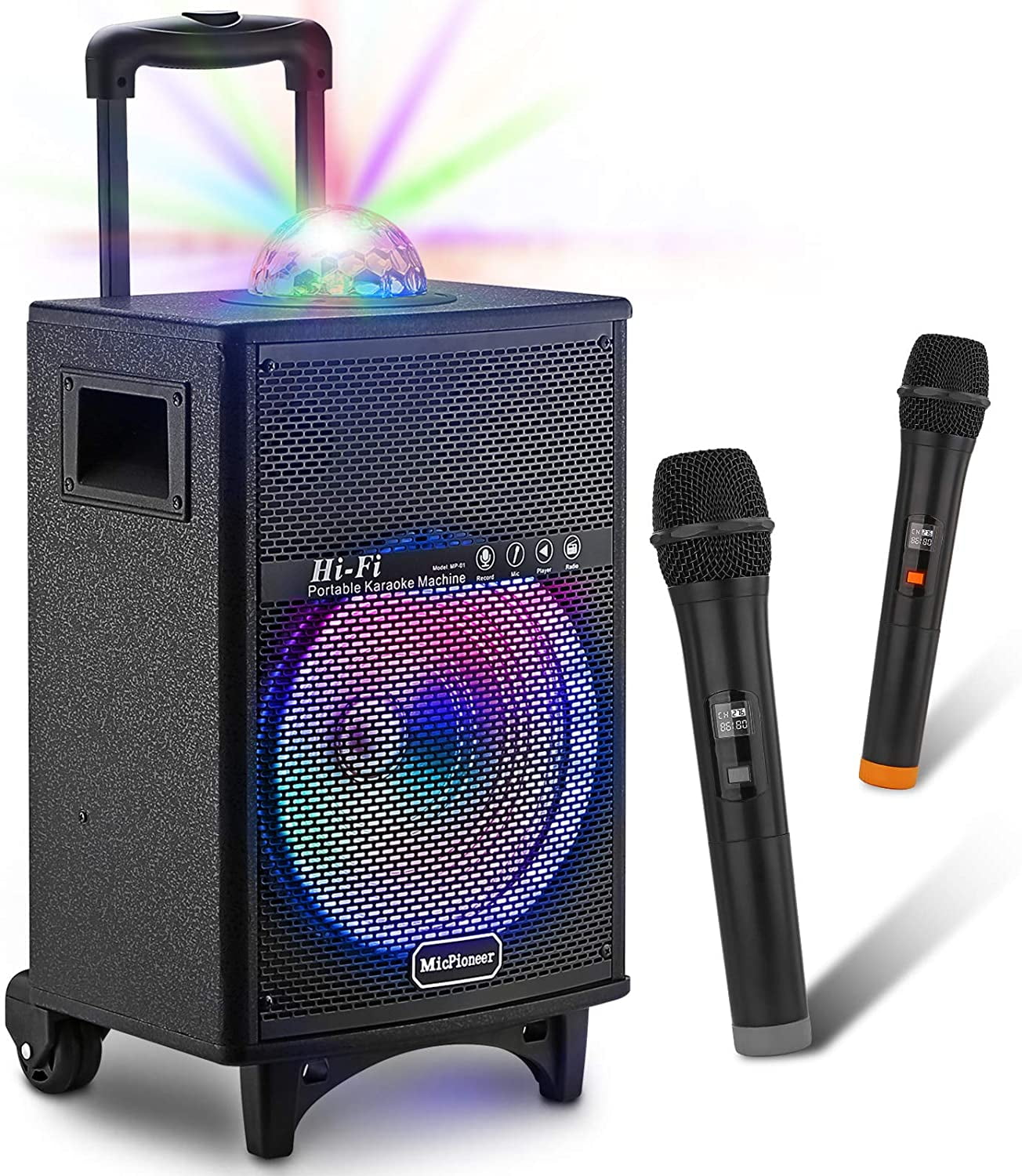 Powered PA System for Party Wedding Portable Karaoke Machine for kids and adult MicPioneer Bluetooth PA System with Microphones and LED Light Great gift idea for Christmas and Birthday. Church 