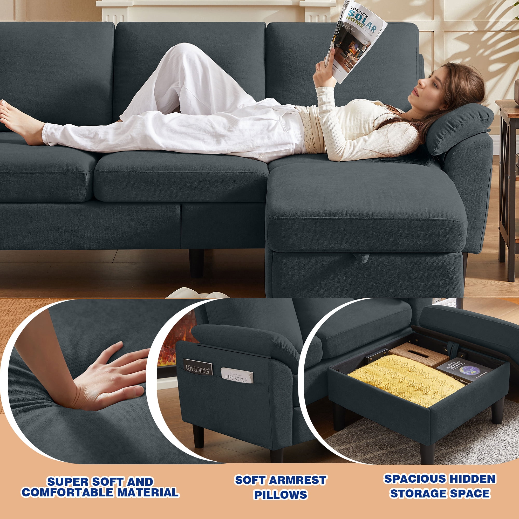 Soscana Living Room Furniture 2 Piece Set,Sectional Sofa Couch with Storage Ottoman and Accent Chair,Dark Gray