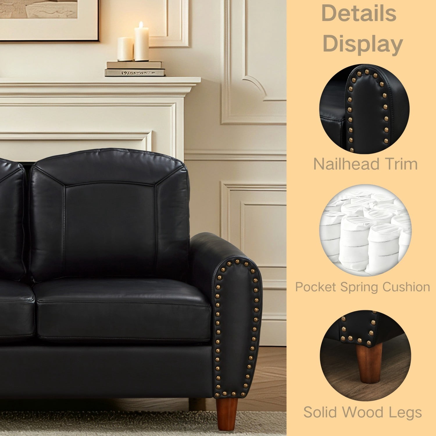 81.5" Classic Faux Leather Sofa Couch Rolled Arm Upholstered PU Leather Living Room Sofa with Solid Wood Legs, 3 Seater Couch for Home Office, Black