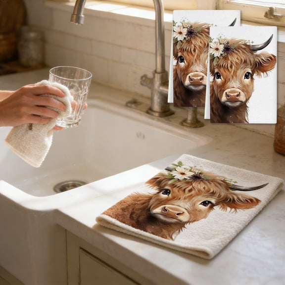 2 Pack Highland Cow Kitchen Towels 25.9x17.7 Inches Soft Absorbent Dish Towels Farmhouse Decorative Tea Towels for Kitchen Bathroom Dining Room,D