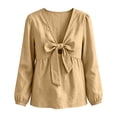 thumbnail image 6 of Womens Bow Tie Cotton Linen Babydoll Tops Lightweight Casual Trendy Fall Long Sleeve French Style Blouse Khaki 2XL, 6 of 6