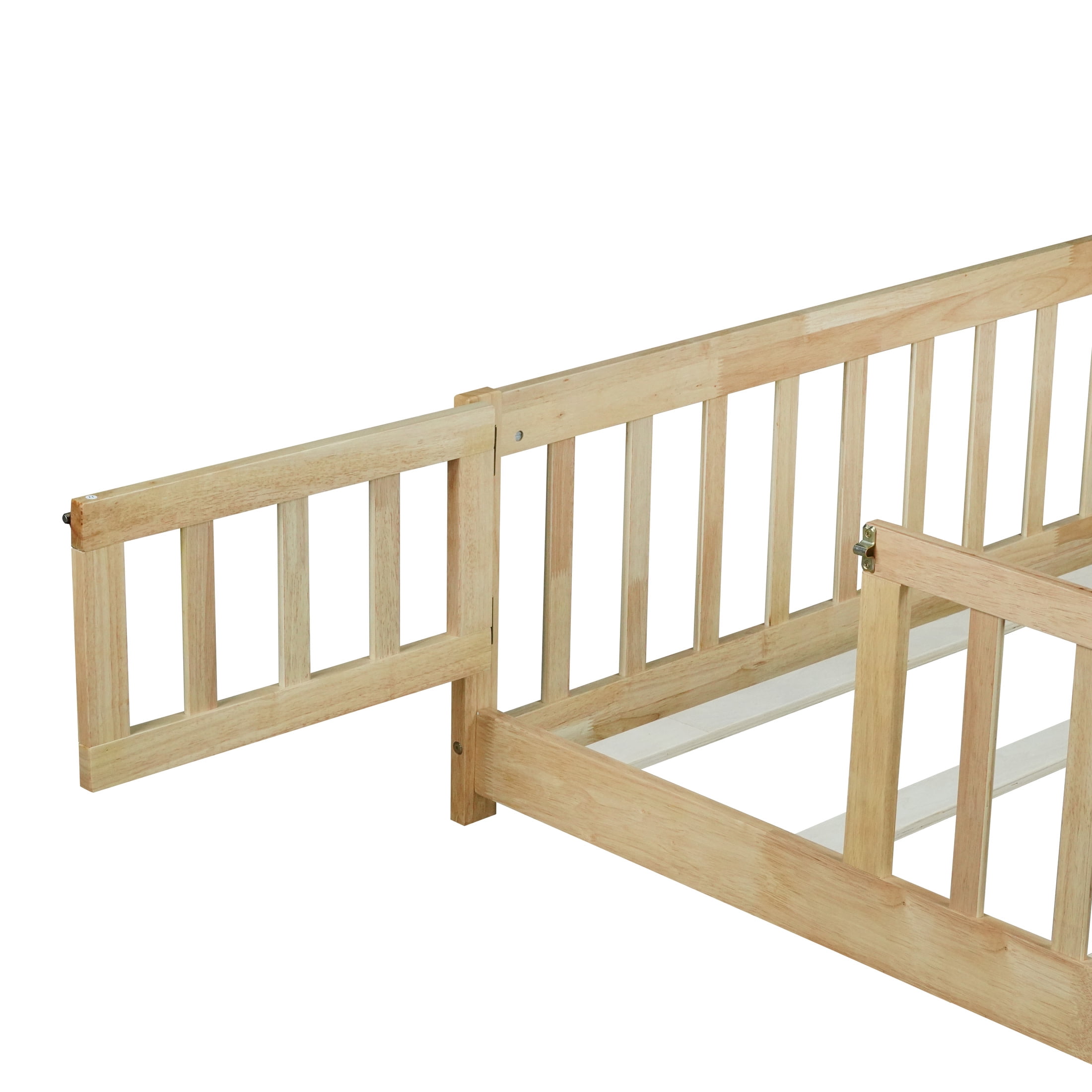 Noble House Queen Floor Bed with Safety Guardrails and Door, Rubber Wood Montessori Bed, Kid's Room, Natural