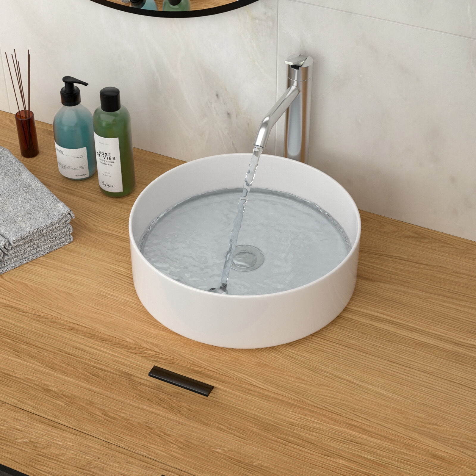 Vanity With Sink, 15.75"x15.75" White Ceramic Vessel Bathroom Sink, White Bathroom Vanity,Ceramic Single Sink Vanity, Bath & Faucets Bathroom Vanities
