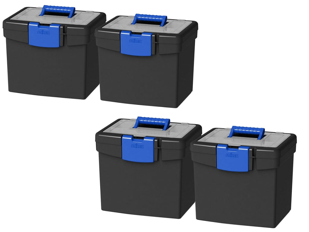 Storex Portable File Box, with Lockable XL Supply Storage Lid and Carry