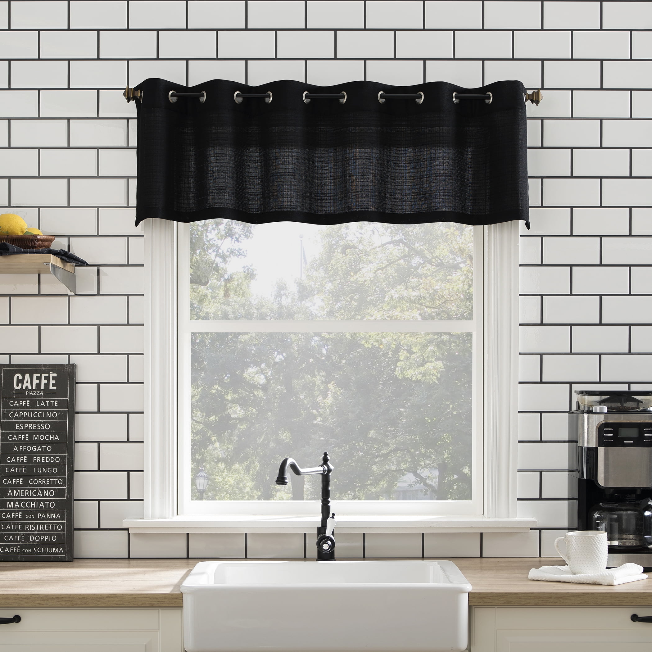 Mainstays Solid Semi Sheer Curtain Tier Pair and Valance Set, 3 Piece Ready Made Kitchen Curtains, Black, 54" W x 24" L