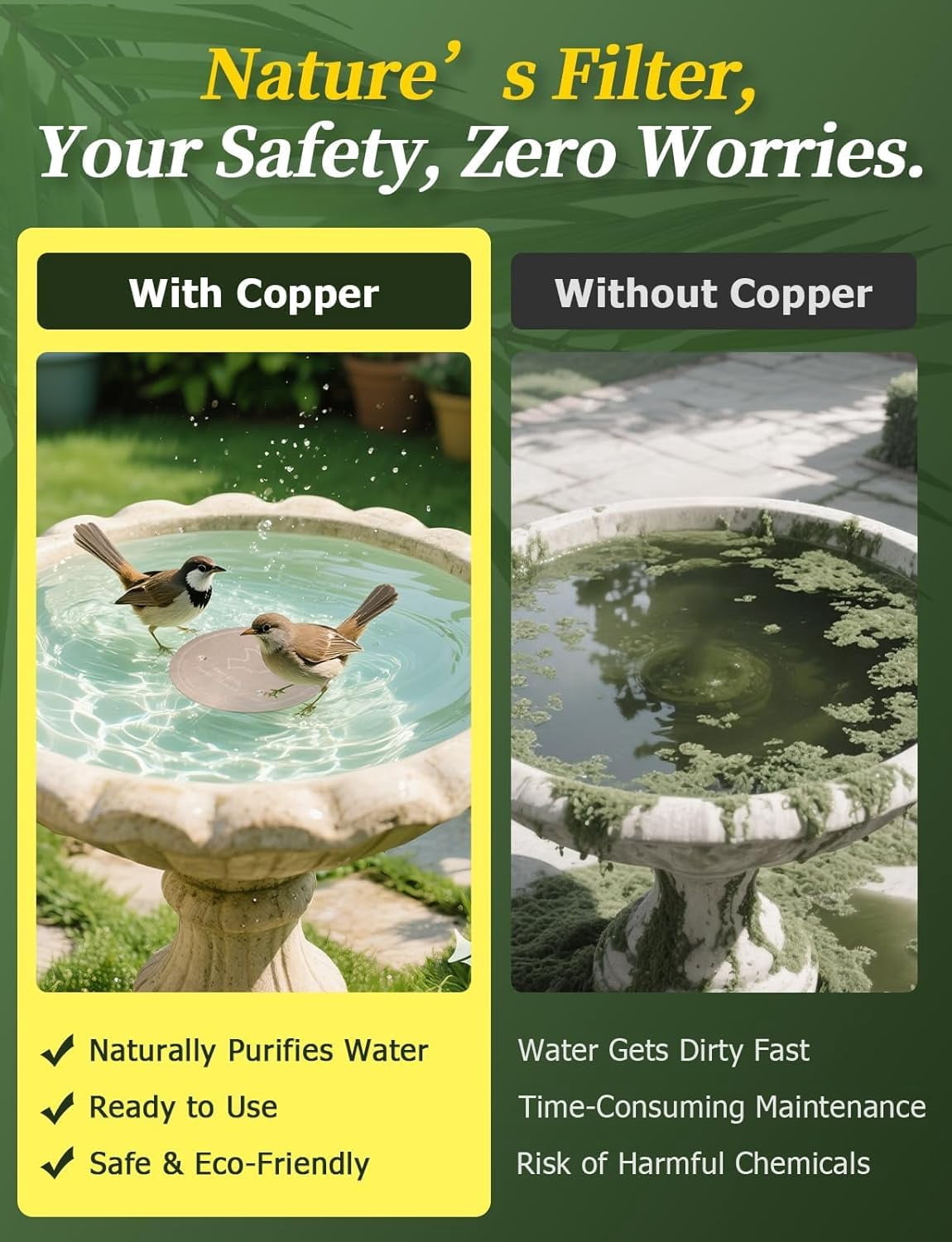 Bird Bath Copper Disk, 0.6mm Reinforced 99.99% Pure Copper Cleaning Disk with Triple-Point Support for Physical Safe Clean Water All-Season, Universal Fit for Outdoor Birdbaths, Bowl, Bird Bath Solar