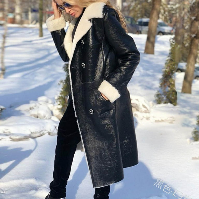 Ugoldhm Shearling Leather Jackets for Women Casual Lapel Long Trench Coat Outerwear Warm Winter PU Faux Leather Coat Black XL