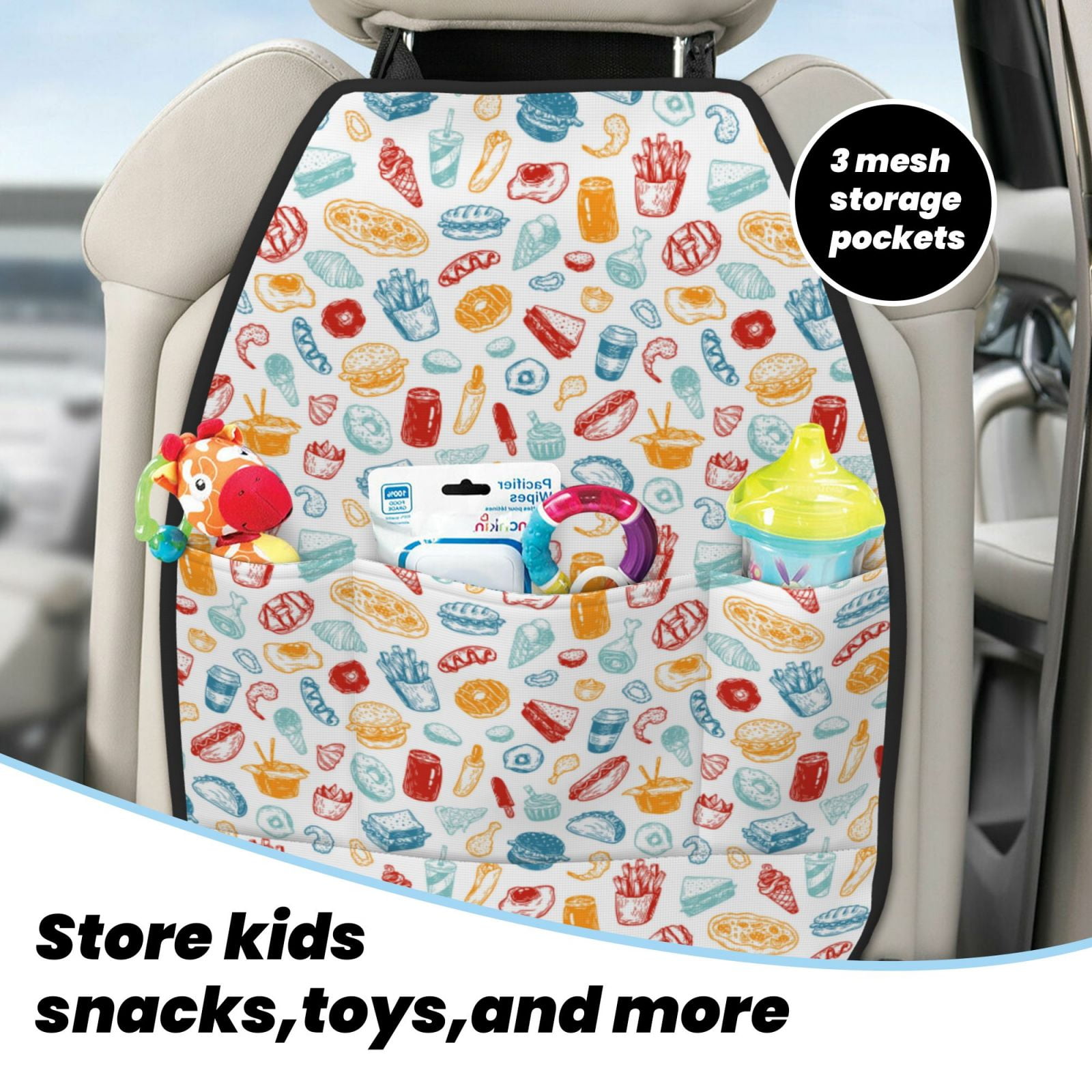 Kdxio Fast Food 2 Print 2 Pack Car Kick Mat Seat Cover Back Protector Mat with Pockets for Organizer Backseat Protector and Storage Anti Kick Pad for Vehicles