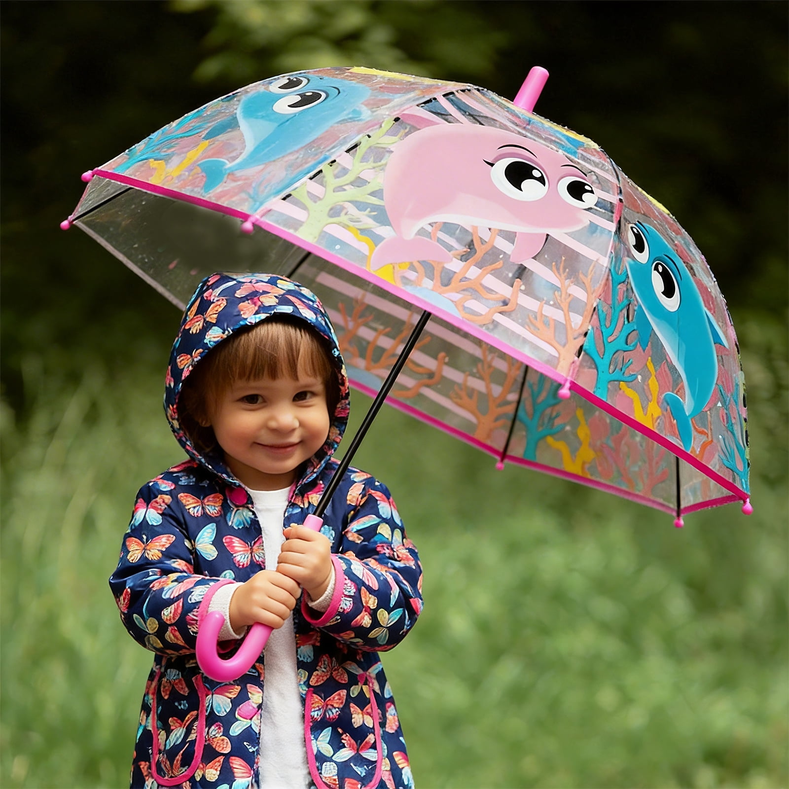 2 Pcs Kids Clear Bubble Umbrella, Unicorn Pattern with Easy Grip Curved Handle, Safe Transparent Umbrella for Toddler Girls