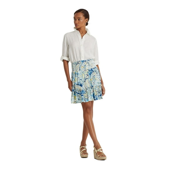 RALPH LAUREN Womens White Smocked Ruffled Tiered Lined Paisley Above The Knee A-Line Skirt L