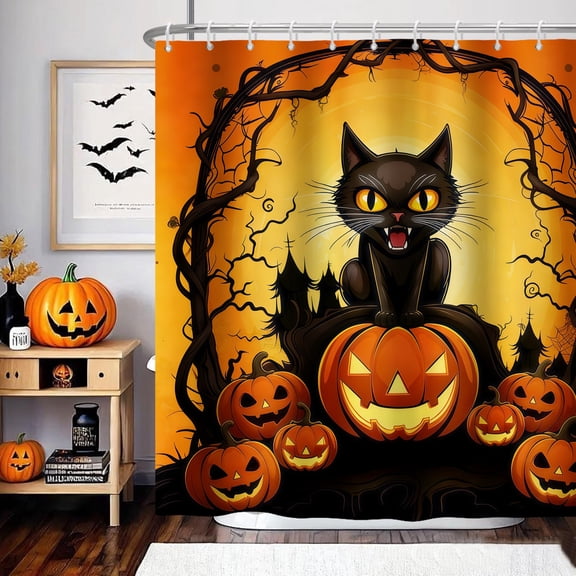 MIZHONA Halloween Cat Shower Curtain Fall Autumn Pumpkins Fabric Bathroom Curtains Decor 72x72 in