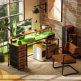 thumbnail image 2 of 67" Computer Desk Home Office Desk with File Cabinet Lights Rustic Brown, 2 of 8
