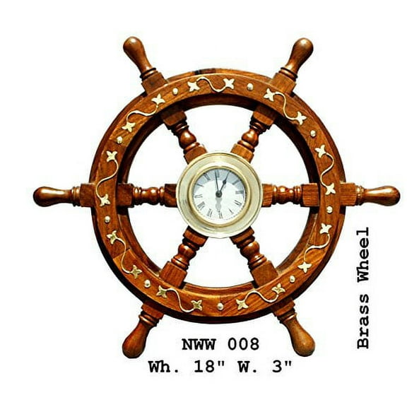 Nagina International 18" Nautical Ship Wheel with 3" Clock Brass Inlay Pirate Home Decor Wall Hanging