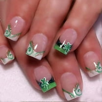 St. Patrick's Day Press on Nails Square Short Fake Nails French Tip Nails Press ons Glossy Glue on Nails Nude Acrylic Nails with Green Glitter Shamrock Designs Clover Stick on Nails for Women 24Pcs