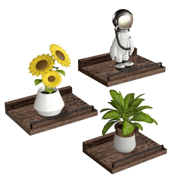 Small Floating Shelf, 6 X 9 Inches Farmhouse Wall Shelves for Living Room, Bedroom, Picture Frames, Plants, Kitchen, Set of 3 (Brown)
