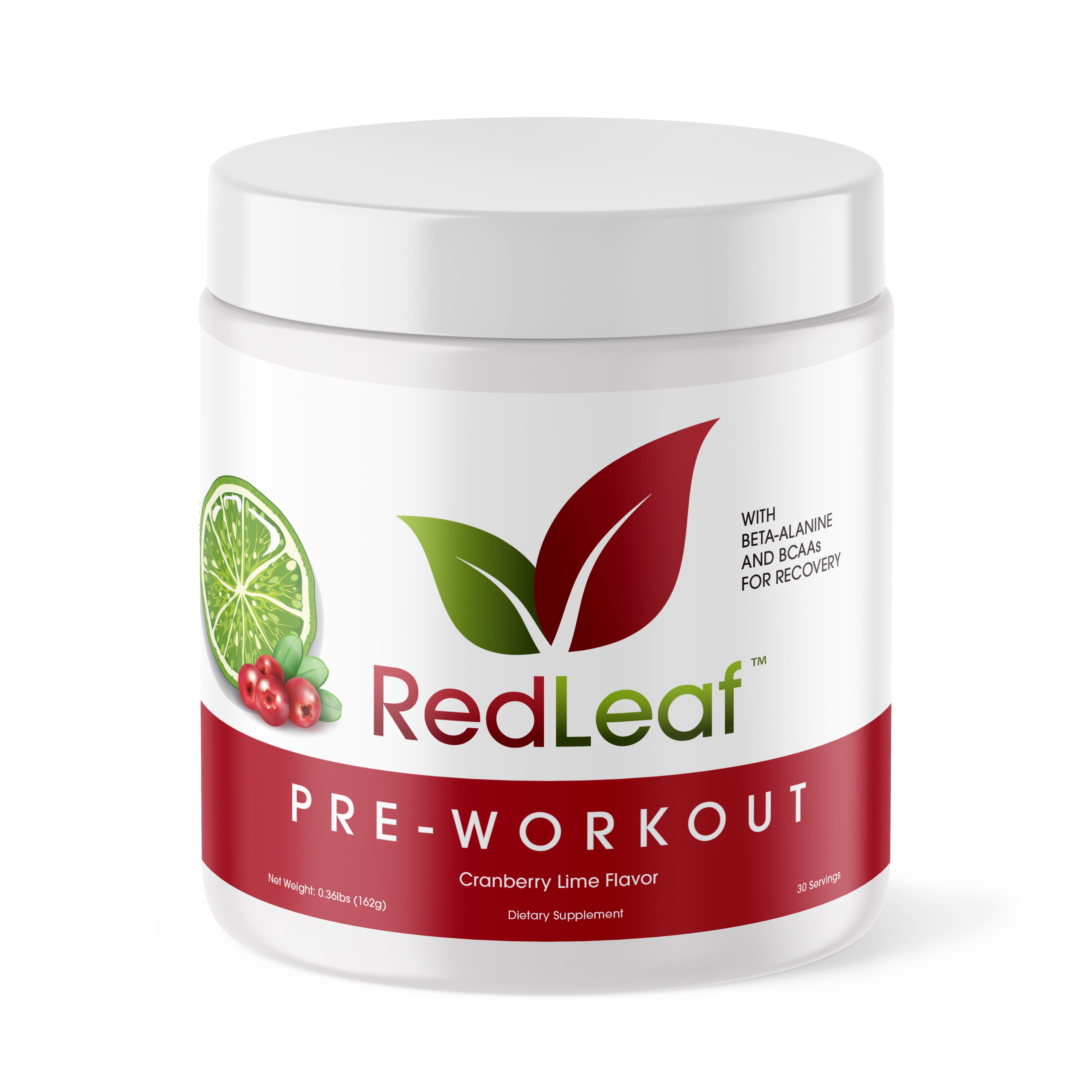 Red Leaf Pre-Workout Energizer Powder, BCAA's, Beta-Alanine, Amino Acids and Green Tea for Immune Support, Natural Cranberry Lime Flavor - 30 Servings