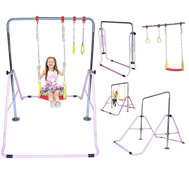 Gymnastics Training Bar for Kids Home Folding Kip Bar 4 in 1 Set with Swing Seat, 2 Trapeze Rings Expandable Horizontal Bar Junior Gymnastic Equipment Height Adjustable Monkey Bars Jungle Gym Pink