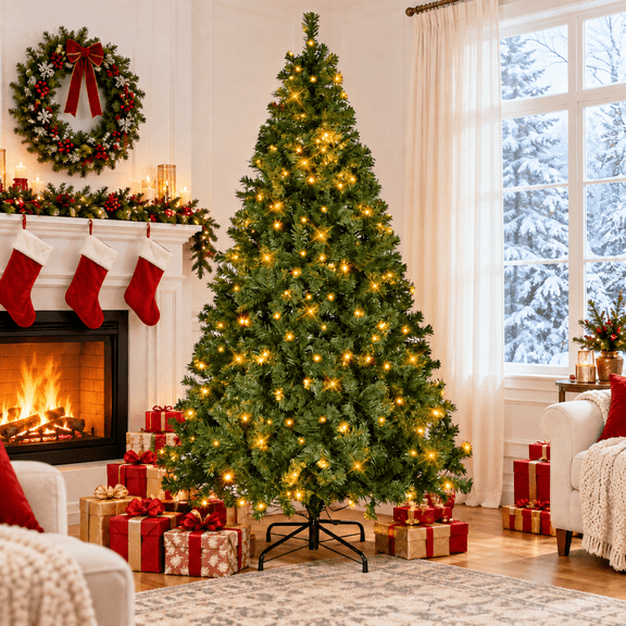 Vebreda 6ft Pre-Lit Artificial Christmas Tree with 250 LED Lights, 1100 PVC Tips, Hinged Branches and Metal Stand, Green