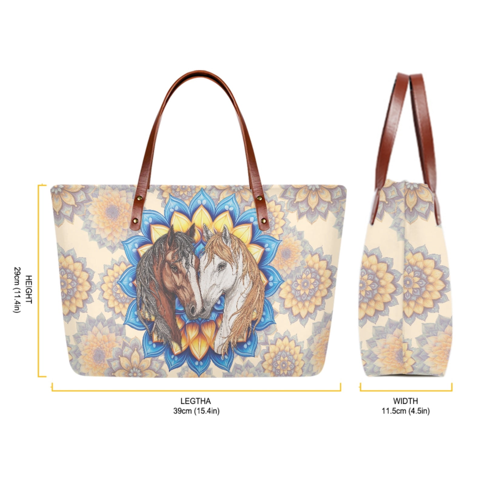 ZUXONGSY Boho Mandala Horse Print 2 Pieces PU Wallet Polyester Handbags Set Waterproof Shoulder Bag Top Handle Tote Bag Satchel Handbags Cash Wallet for Shopping Work