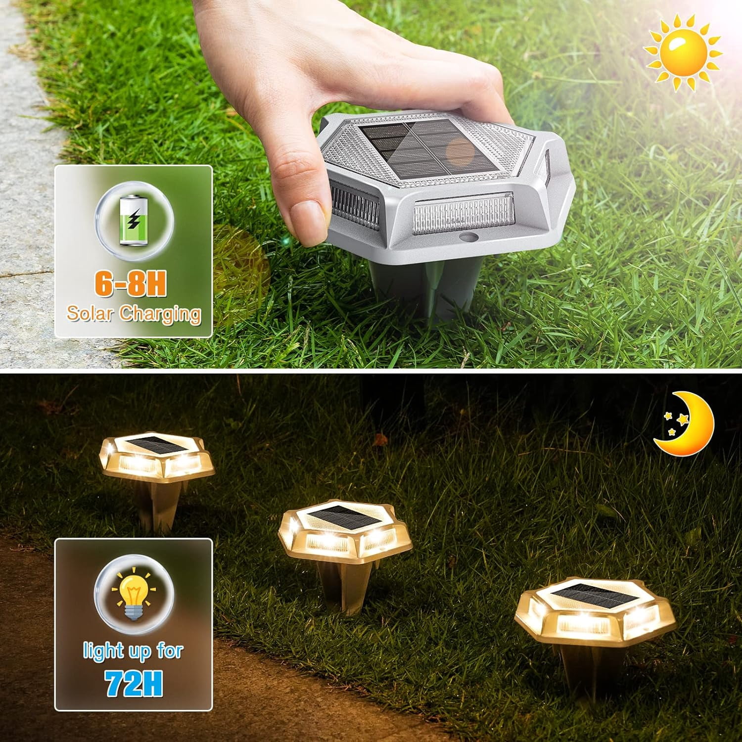 Solar Driveway Lights Dock Outdoor Waterproof Marker Lights,12 Pack Solar Deck Lights 2 Colors in 1 Led Wireless IP67,Solar Deck Lights for Sidewalk Pathway Yard(White/Warm White),Auto On/Off