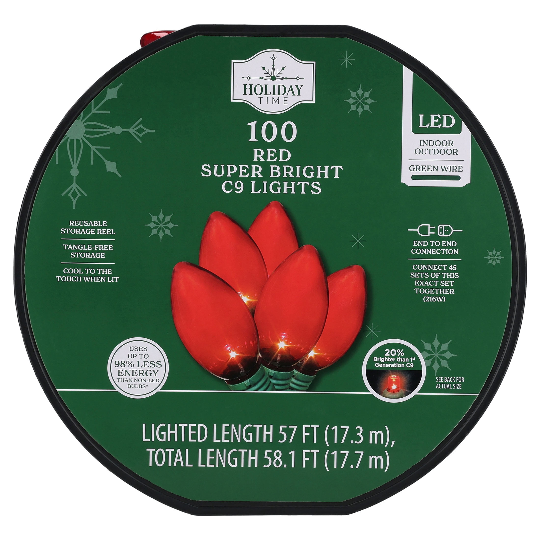 Indoor/Outdoor 100-Count LED Smooth C9 Christmas String Lights, Red, Green Wire, 57', by Holiday Time
